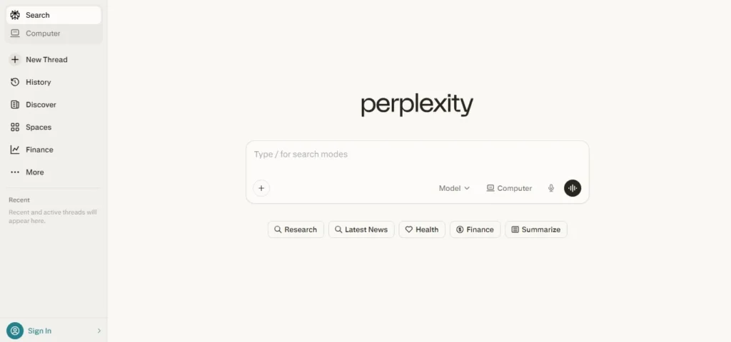 Perplexity AI search engine interface with conversational search and citations