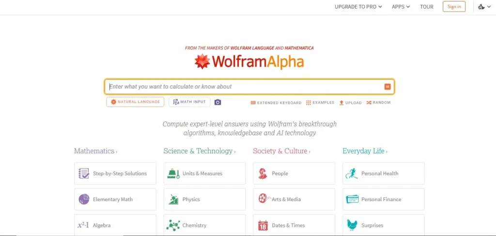 WolframAlpha computational knowledge engine interface for math and science queries