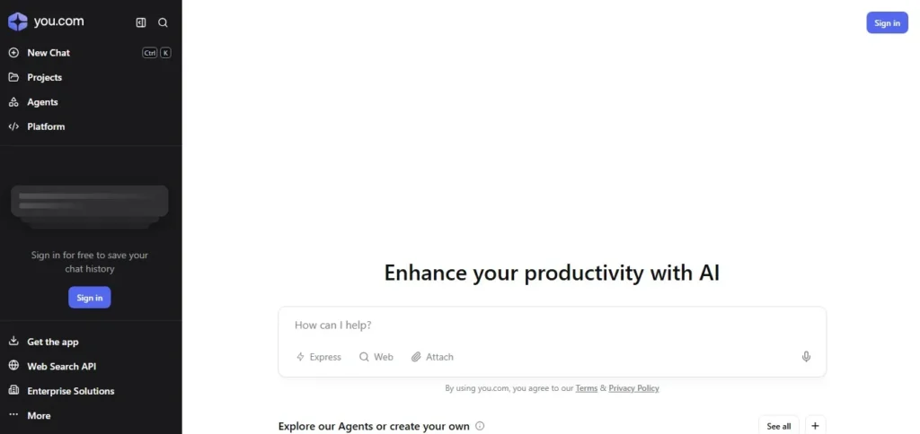 You.com AI search engine interface generating summarized answers with citations