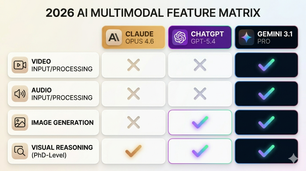 2026 AI multimodal feature matrix — Claude Opus 4.6 supports visual reasoning only, ChatGPT GPT-5.4 supports image generation and visual reasoning, Gemini 3.1 Pro supports video input, audio input, image generation, and visual reasoning
