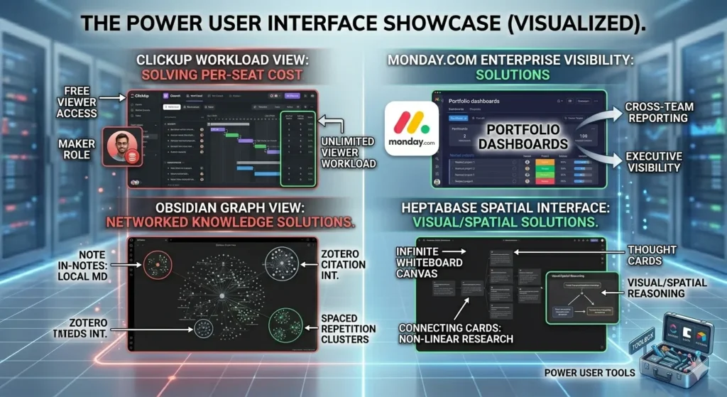 Interfaces of ClickUp, Monday, Obsidian, and Heptabase.