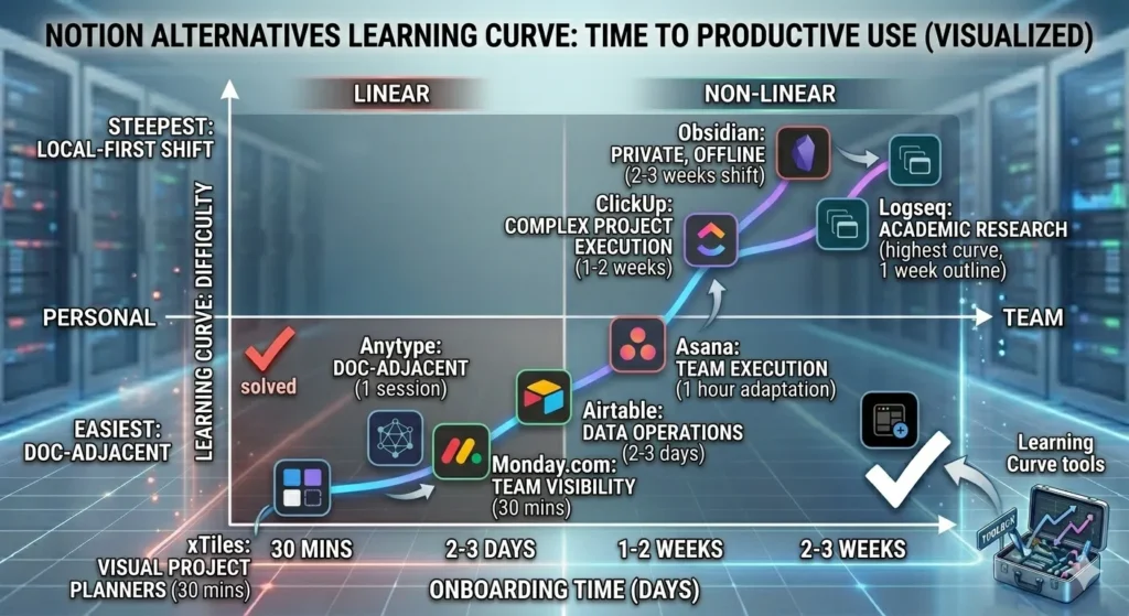 Notion alternatives learning curve comparing onboarding time and difficulty.
