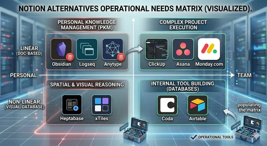 Notion alternatives matrix by personal vs team and workflow type