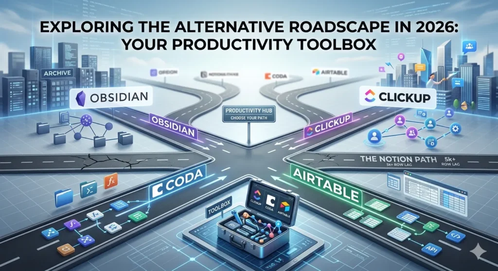 Productivity paths with Obsidian, ClickUp, Coda, and Airtable.