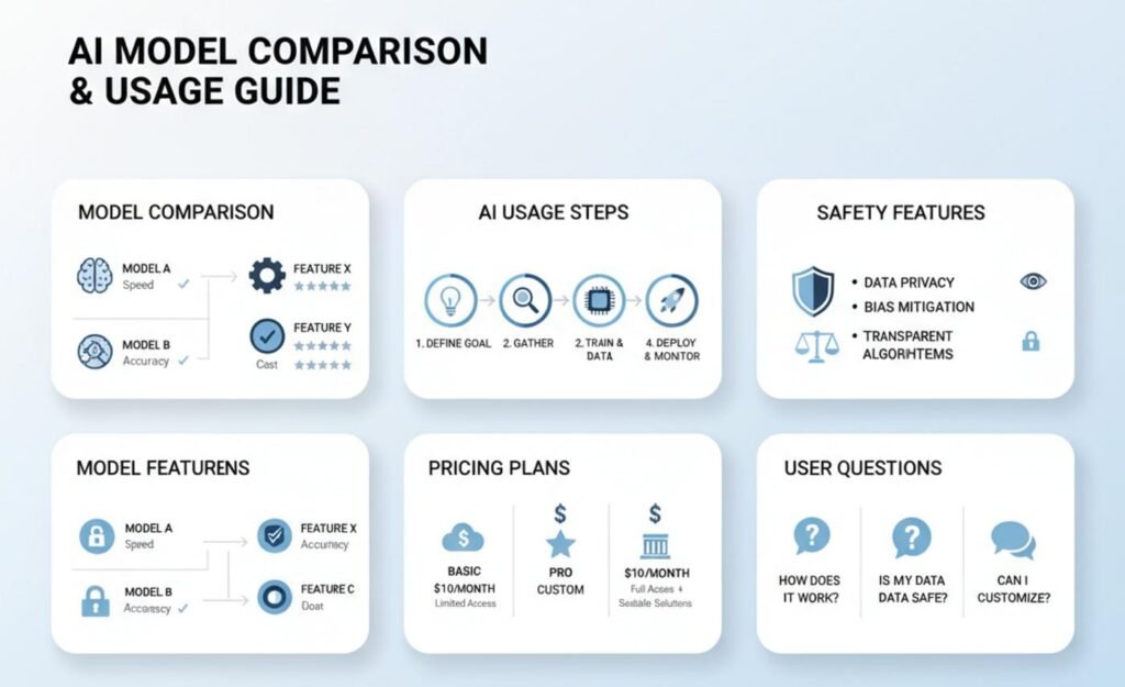 AI model comparison and usage guide showing model features, pricing plans, safety features, and AI usage steps
