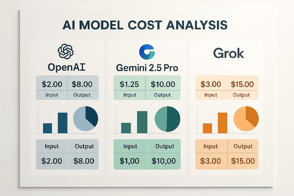 AI model cost analysis comparing OpenAI, Gemini 2.5 Pro, and Grok API input and output pricing per million tokens