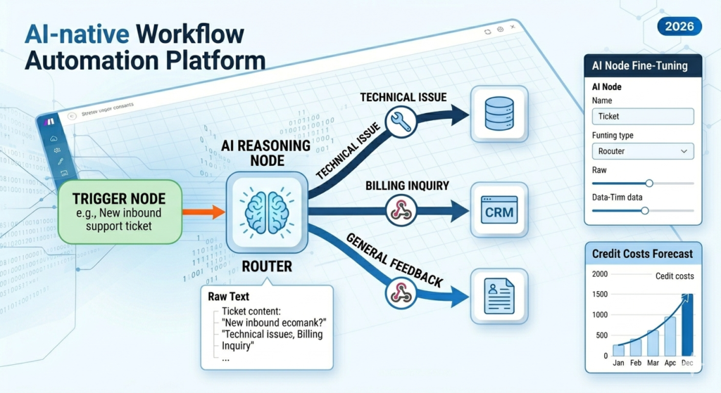 ai native workflow automation platform diagram showing trigger node processing inbound support ticket through ai reasoning node routing to technical issue ticket database billing inquiry crm and general feedback branch 2026