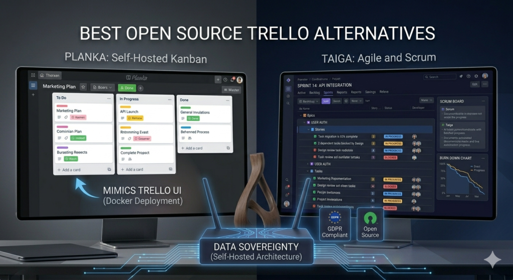 Planka self-hosted kanban board mimicking Trello UI with Docker deployment on the left and Taiga agile scrum project management with burn-down chart on the right, both GDPR compliant