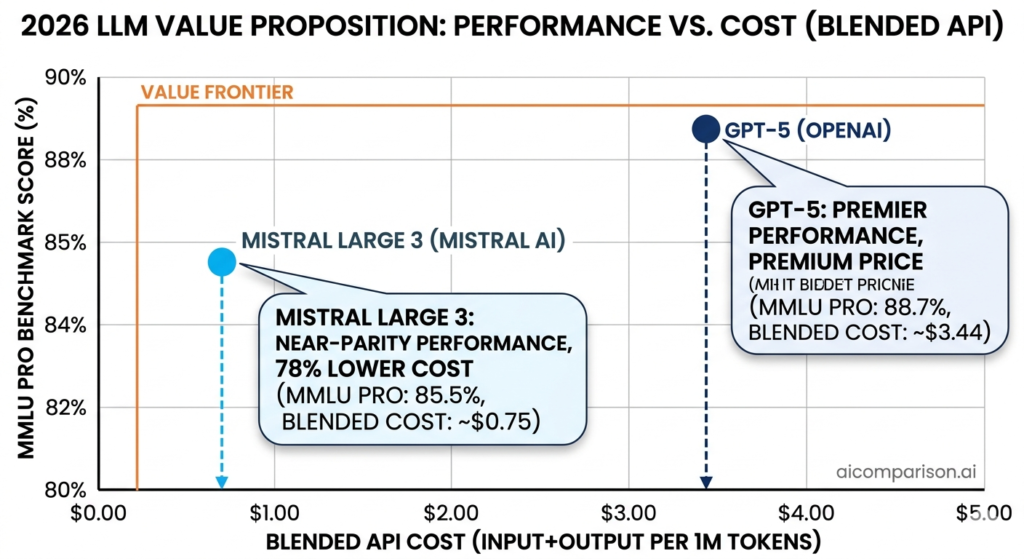 Scatter chart showing 2026 LLM value proposition with GPT-5 OpenAI at 88.7% MMLU Pro and $3.44 blended API cost versus Mistral Large 3 Mistral AI at 85.5% MMLU Pro and $0.75 blended cost — 78% lower cost for near-parity performance
