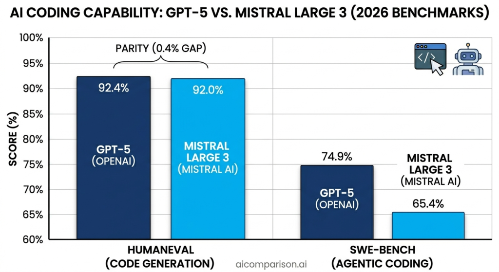 Bar chart comparing GPT-5 OpenAI at 92.4% and Mistral Large 3 Mistral AI at 92.0% on HumanEval code generation benchmark and 74.9% vs 65.4% on SWE-Bench agentic coding benchmark 2026