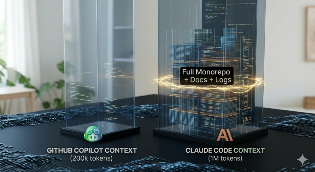 Claude Code 1 million token context window containing full monorepo, documentation, and error logs compared against GitHub Copilot 200k token context window side by side
