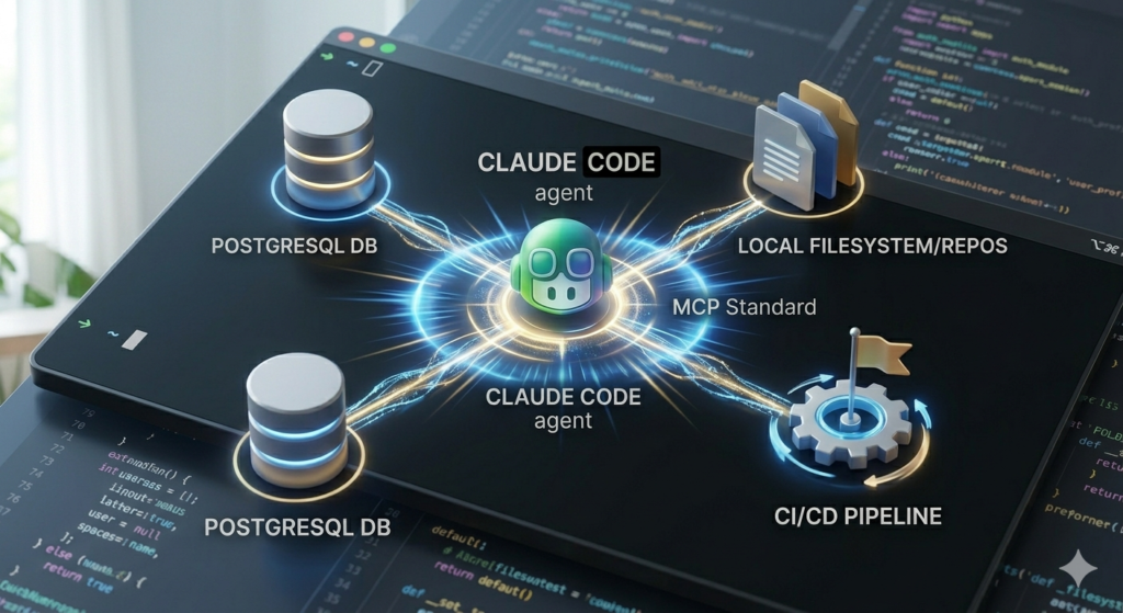 Claude Code agent connected via Model Context Protocol MCP standard to PostgreSQL database, local filesystem and repositories, and CI/CD pipeline simultaneously in a single coding session