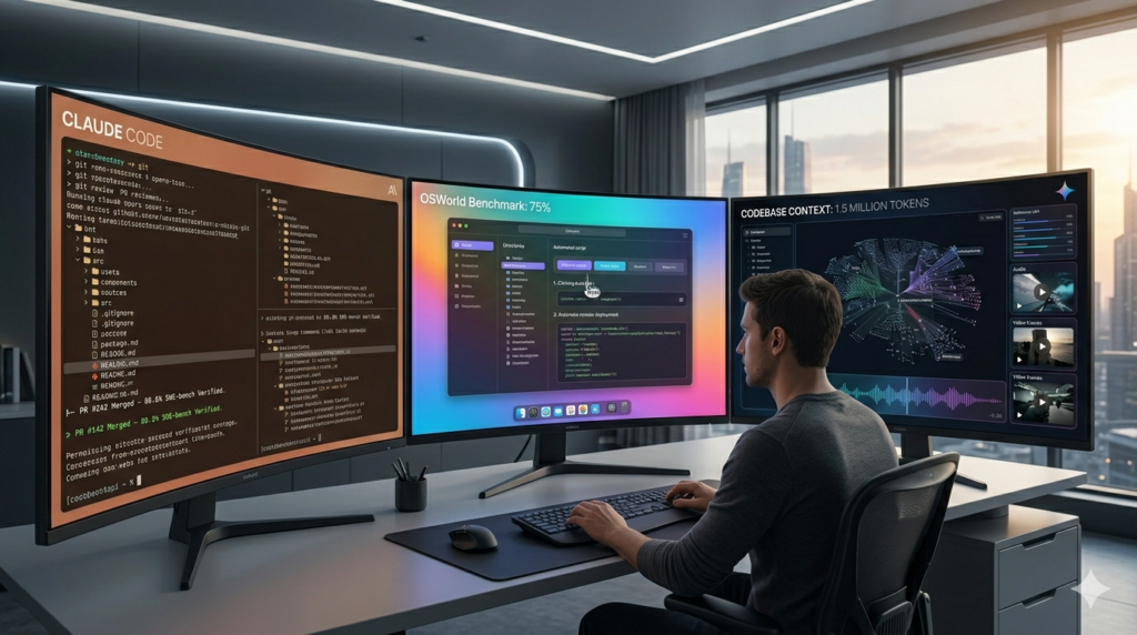 2026 AI coding comparison — Claude Code terminal at 80.8% SWE-bench Verified, ChatGPT GPT-5.4 at 75% OSWorld computer use benchmark, Gemini 3.1 Pro codebase context at 1.5 million tokens