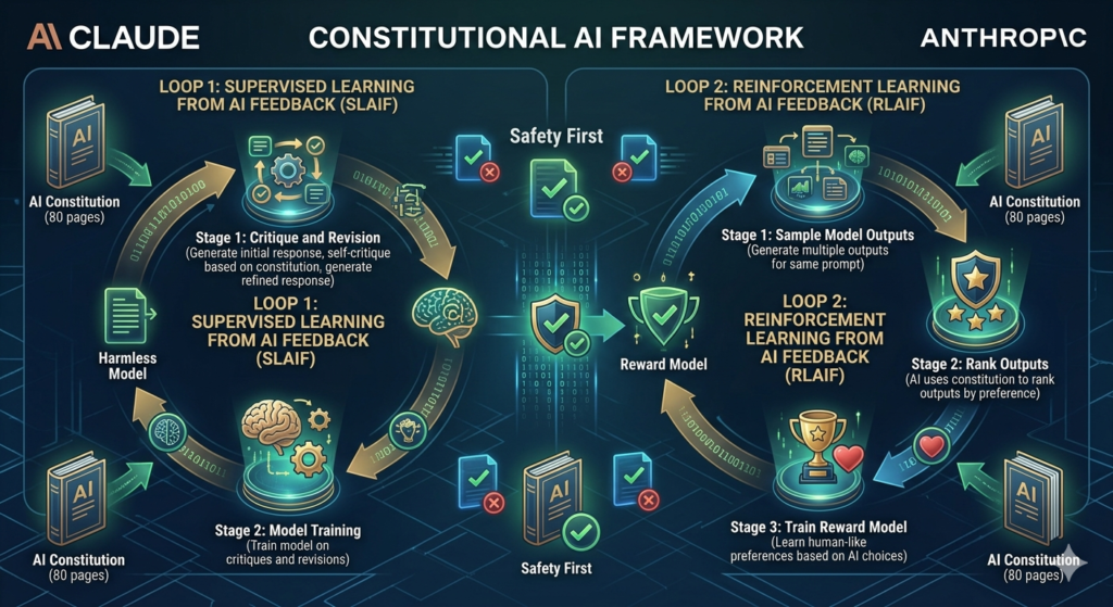 Claude Constitutional AI framework  2-loop training process using Supervised Learning from AI Feedback and Reinforcement Learning from AI Feedback