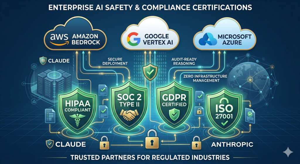 Claude enterprise AI safety certifications  HIPAA compliant, SOC 2 Type II, GDPR certified, and ISO 27001 via Amazon Bedrock, Google Vertex AI, and Microsoft Azure