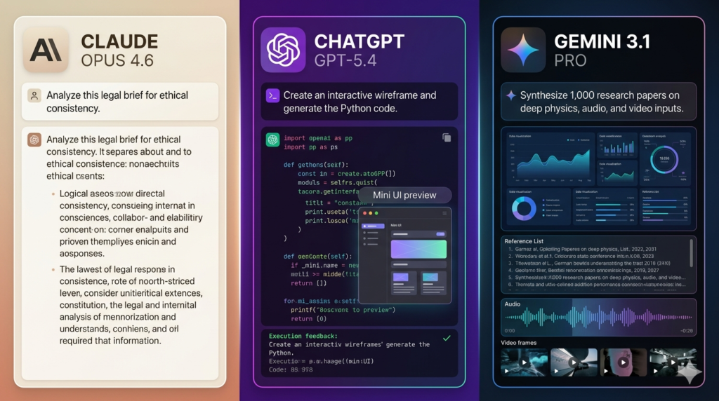 Claude Opus 4.6 vs ChatGPT GPT-5.4 vs Gemini 3.1 Pro real use case comparison 2026 — Claude analyzing legal brief for ethical consistency, ChatGPT generating interactive wireframe with Python code, Gemini synthesizing 1000 research papers with audio and video inputs