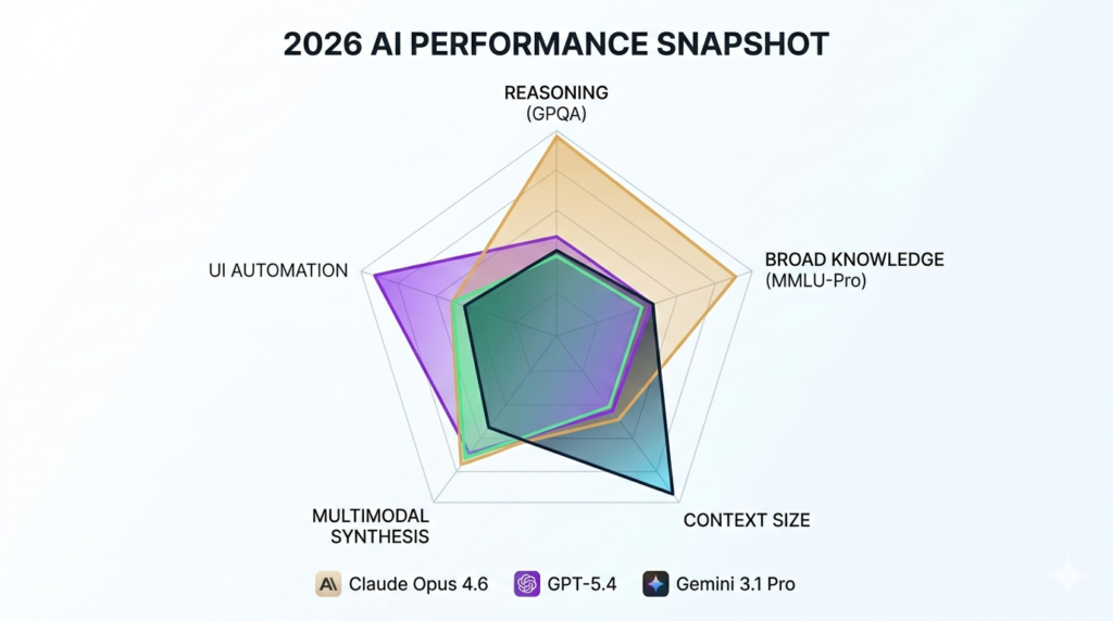 2026 AI performance snapshot — Claude Opus 4.6 vs GPT-5.4 vs Gemini 3.1 Pro radar chart comparing reasoning, broad knowledge, UI automation, multimodal synthesis, and context size