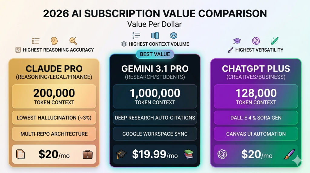 2026 AI subscription value comparison — Claude Pro at $20 per month with 200,000 token context and lowest hallucination rate, Gemini 3.1 Pro at $19.99 per month with 1 million token context and Deep Research, ChatGPT Plus at $20 per month with DALL-E 4 and Sora generation
