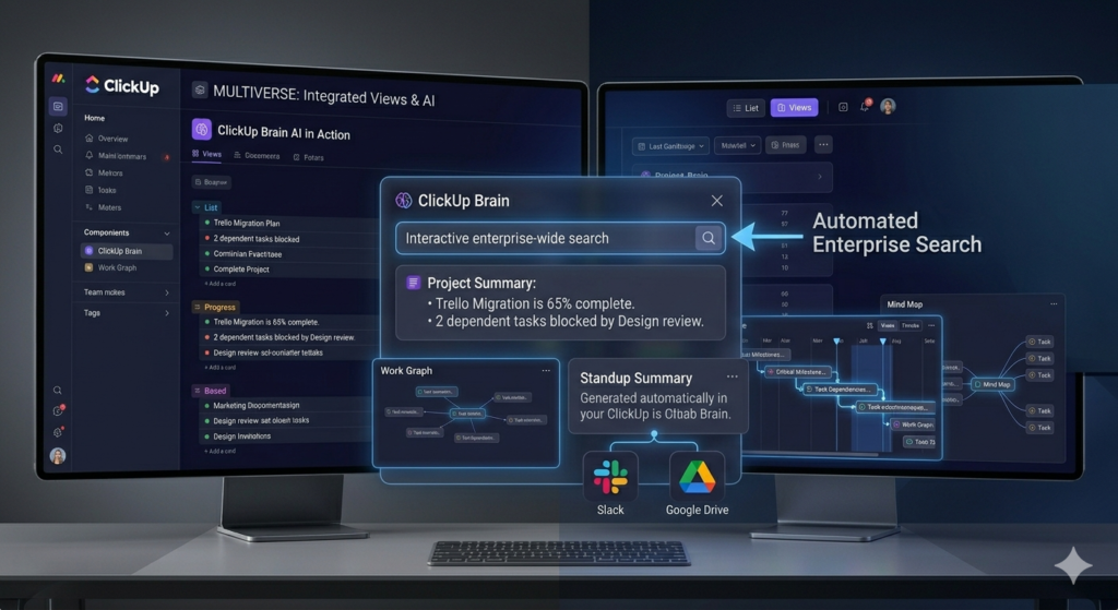 ClickUp dashboard showing ClickUp Brain AI enterprise-wide search panel with automated standup summaries, Mind Map view, and Slack and Google Drive integrations