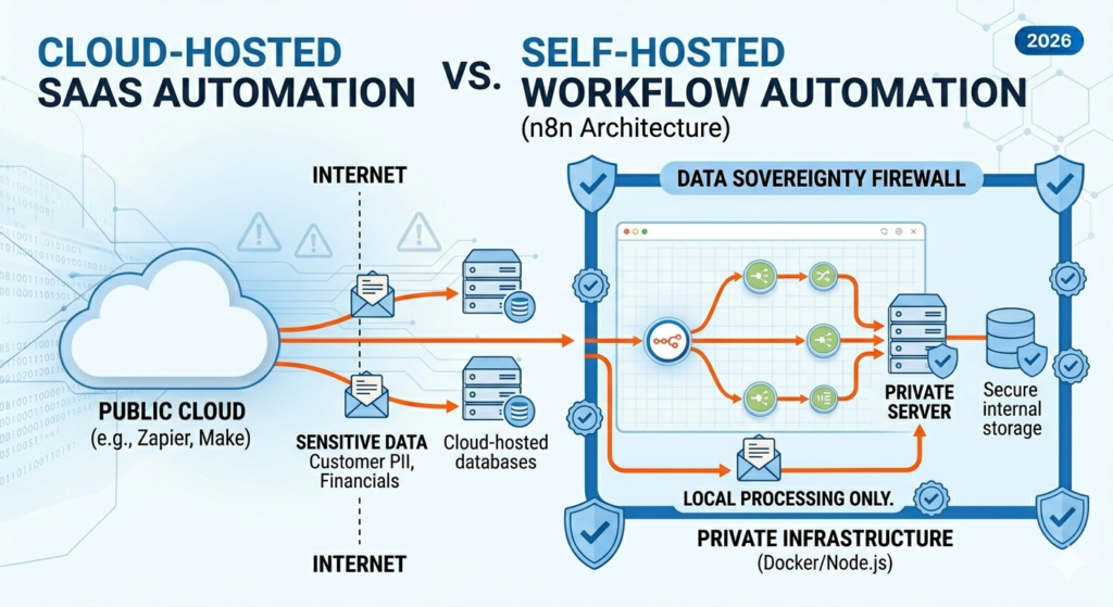 cloud hosted saas automation versus self hosted workflow automation comparison showing n8n architecture with data sovereignty firewall private server and docker node js infrastructure 2026