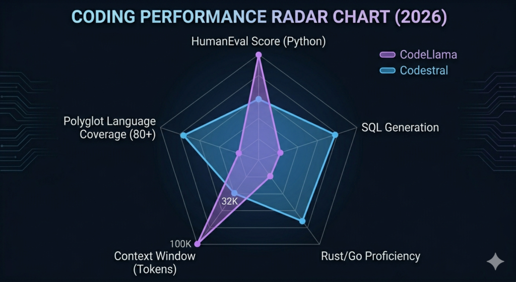 Coding performance radar chart comparing Codestral vs CodeLlama across 5 dimensions HumanEval Python score, SQL generation, Rust/Go proficiency, polyglot language coverage 80+, and context window 32K vs 100K tokens