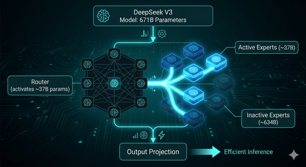 DeepSeek V3 Mixture-of-Experts architecture activating 37 billion of 671 billion parameters per request