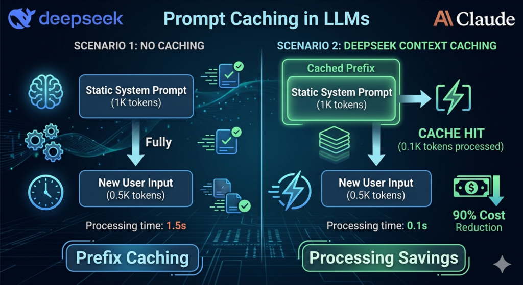 DeepSeek context caching reduces input cost by 90%  processing time drops from 1.5s to 0.1s on repeated prefixes
