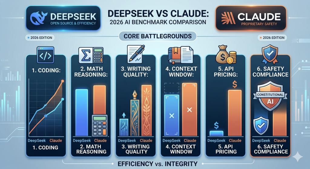 DeepSeek vs Claude 2026 benchmark comparison across 6 dimensions — coding, mathematical reasoning, writing quality, context window, API pricing, and safety compliance