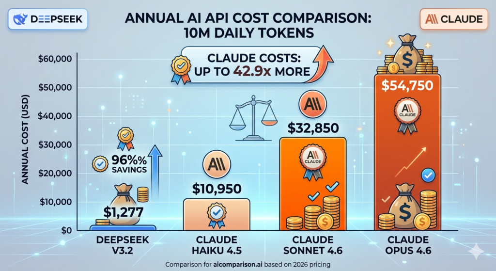 Annual API cost comparison for 10M daily tokens — DeepSeek V3.2 at $1,277 vs Claude Sonnet 4.6 at $32,850 and Claude Opus 4.6 at $54,750