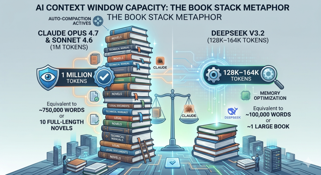Claude supports 1 million tokens equivalent to 10 full-length novels — DeepSeek V3.2 supports 128K–164K tokens equivalent to 1 large book