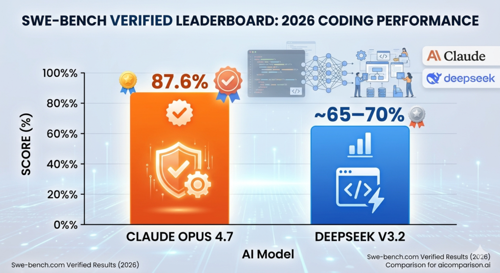 SWE-bench Verified leaderboard 2026  Claude Opus 4.7 scores 87.6% vs DeepSeek V3.2 at 65–70% on production coding benchmark