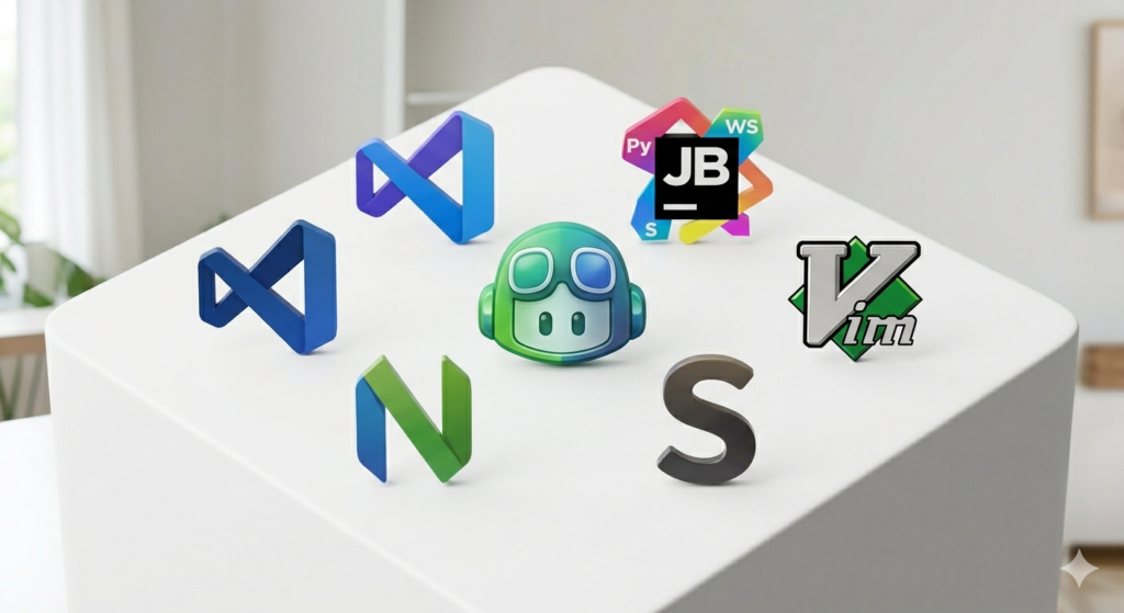 GitHub Copilot supported editors in 2026 showing six IDE logos: Visual Studio Code, Visual Studio, JetBrains IDEs, Neovim, Sublime Text, and Vim arranged around the GitHub Copilot mascot