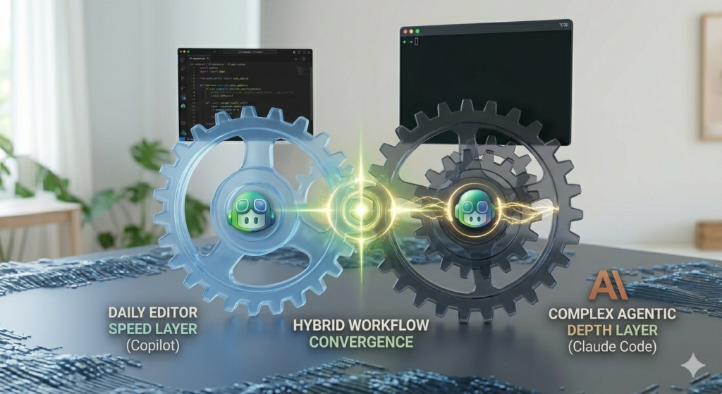 Two interconnected gears representing GitHub Copilot as the daily editor speed layer for inline completions on the left and Claude Code as the complex agentic depth layer for repository-wide tasks on the right, showing hybrid workflow convergence