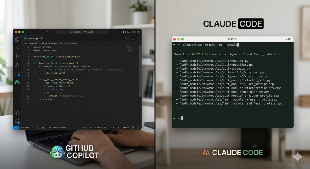 GitHub Copilot open in VS Code IDE showing Python inline completions on the left versus Claude Code running in macOS terminal executing a refactor command across 12 files on the right
