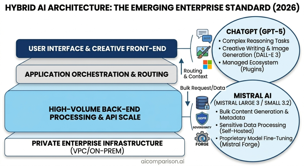 Hybrid AI architecture diagram showing ChatGPT GPT-5 as front-end creative layer and Mistral AI Large 3 as back-end processing engine in 2026 enterprise deployment