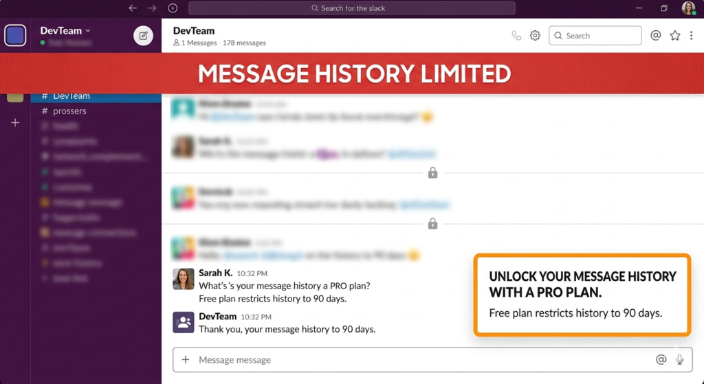 Slack free plan message history limited to 90 days with lock icon and upgrade prompt showing $7.25 Pro plan requirement