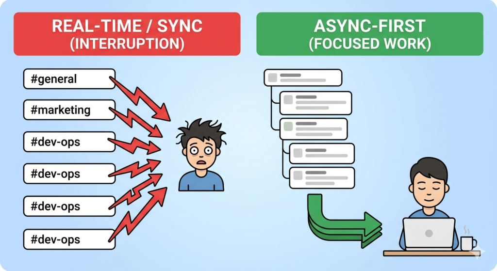 Comparison of real-time sync communication causing notification fatigue from multiple Slack channels versus async-first focused work model