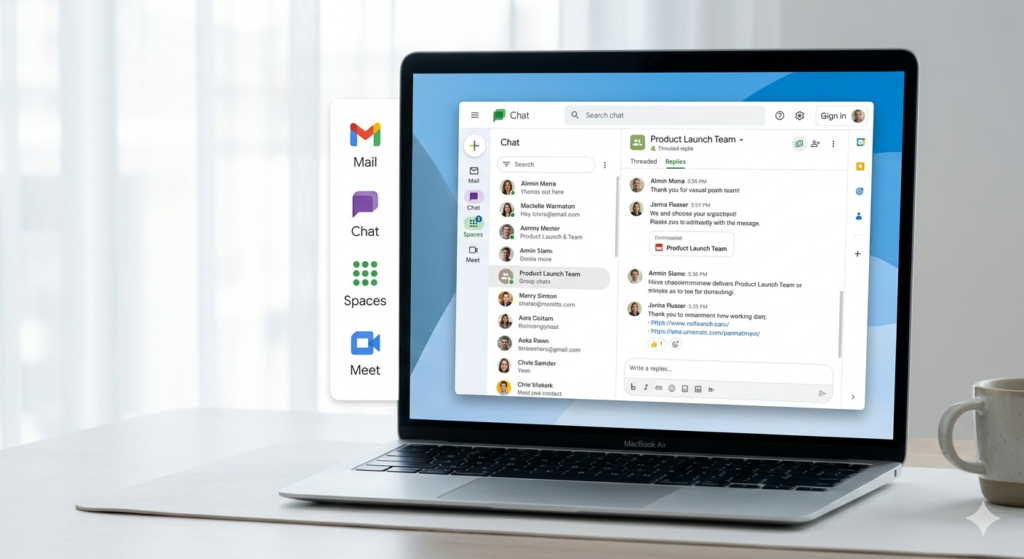 Google Chat interface on MacBook showing Mail, Chat, Spaces, and Meet integration inside Google Workspace ecosystem