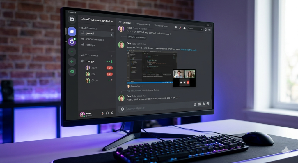 Discord interface showing text channels, voice channels with live users, screen sharing, and threaded chat for developer and community teams