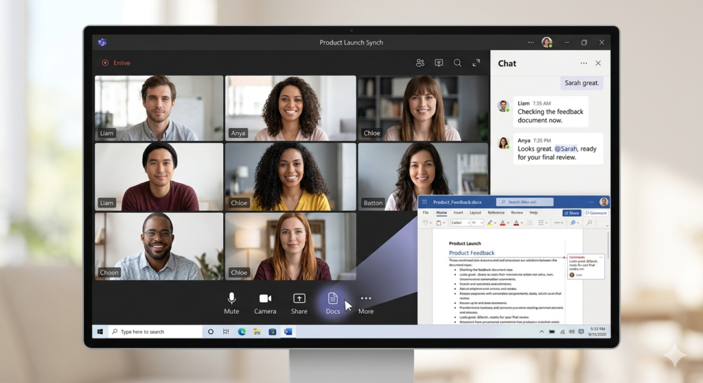 Microsoft Teams video meeting with 6 participants and shared Word document showing enterprise collaboration features