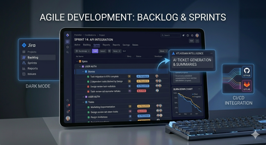 Jira backlog and sprint planning dashboard showing Atlassian Intelligence AI ticket generation, burn-down chart reporting, and CI/CD integration with GitHub and GitLab