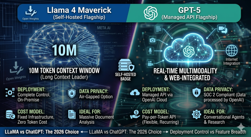 Llama 4 Maverick self-hosted flagship versus GPT-5 managed API flagship feature comparison showing 10M token context window, deployment model, data privacy, cost model, and ideal use cases