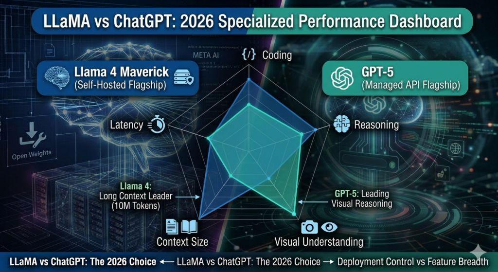 Llama 4 Maverick versus GPT-5 specialized performance radar chart comparing coding, reasoning, visual understanding, context size, and latency in 2026