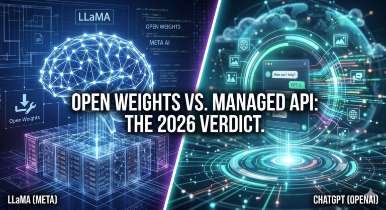 LLaMA open weights self-hosted model versus ChatGPT GPT-5 managed API comparison featured image for LLaMA vs ChatGPT article 2026 verdict