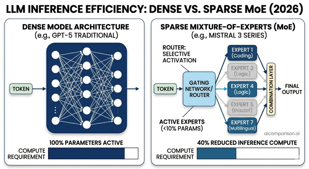 Architecture diagram comparing dense model inference GPT-5 traditional with 100% parameters active versus sparse Mixture of Experts MoE Mistral 3 Series with less than 10% active parameters and 40% reduced inference compute