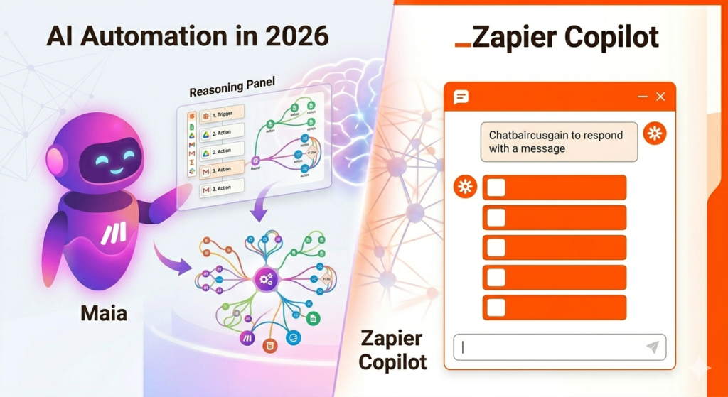 Make Maia AI assistant with Reasoning Panel vs Zapier Copilot chat interface — AI automation comparison 2026