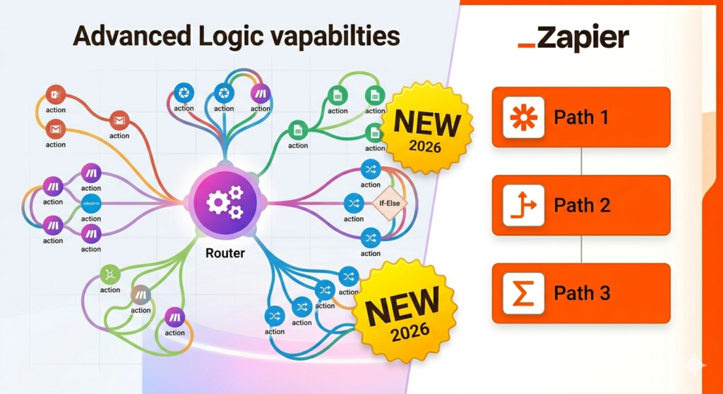 Make Router with unlimited branching and 2026 If-Else module vs Zapier Path 1 Path 2 Path 3 linear branching — advanced workflow logic capabilities comparison