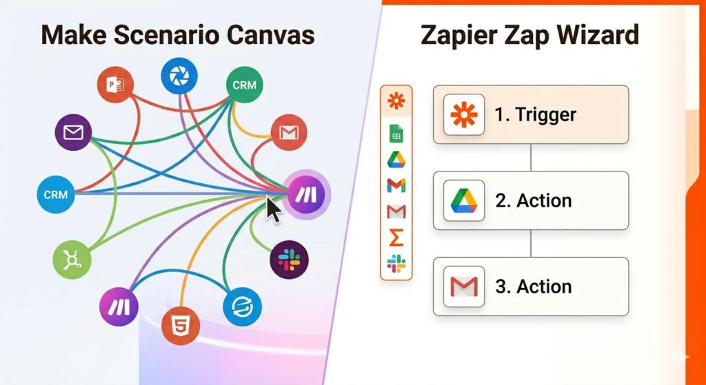 Make visual scenario canvas with circular node map showing CRM Slack Gmail HubSpot integrations vs Zapier linear Zap wizard with Trigger Action steps 2026