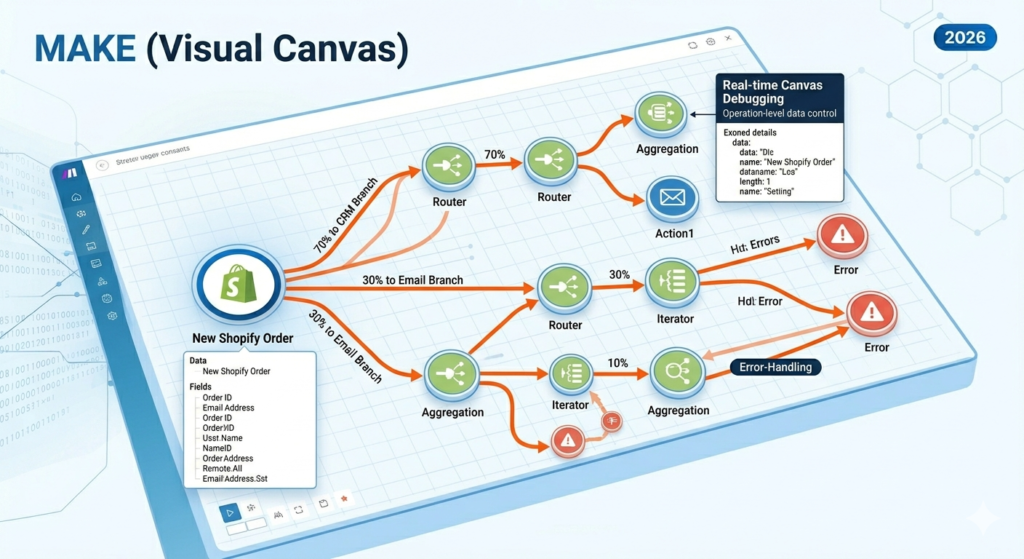 make visual canvas builder showing new shopify order trigger branching into crm email and error handling paths with routers iterators aggregators and real time debugging 2026