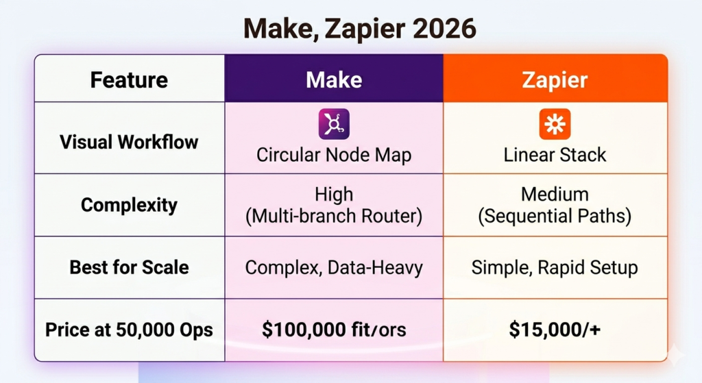 Make vs Zapier 2026 feature comparison table — visual workflow circular node map vs linear stack complexity pricing at 50000 operations